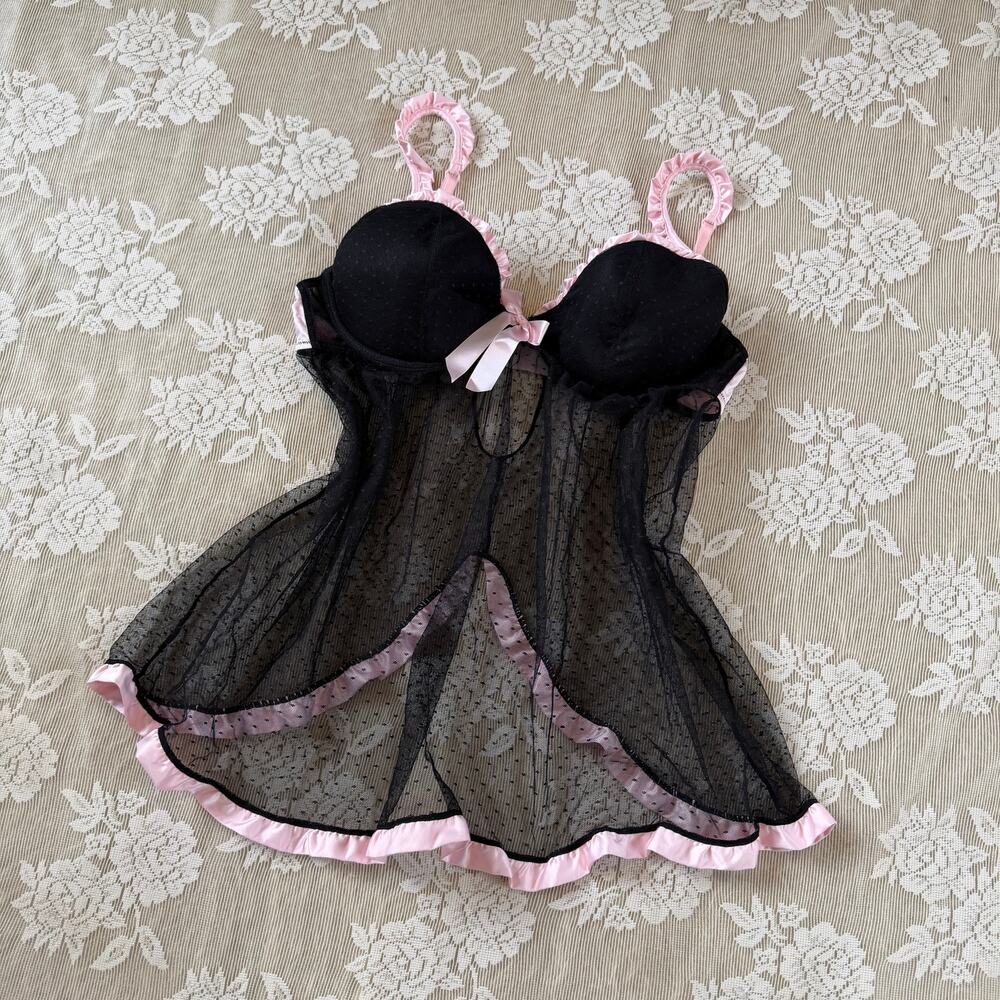 Jezebel Black & Pink Sheer Babydoll Lingerie Size Large